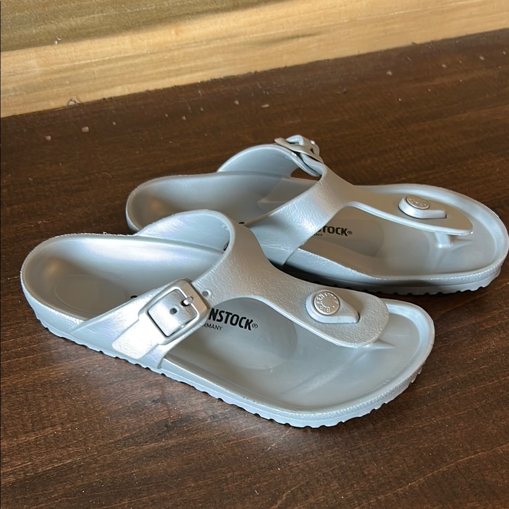 Birkenstock Silver Sandals with Adjustable Buckle and Anatomical Footbed